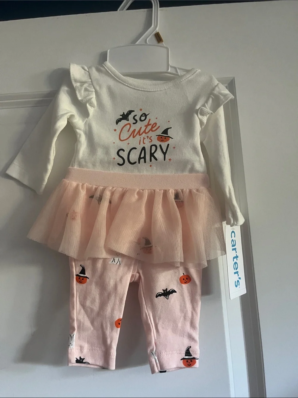Newborn White & Pink Halloween Tulle Dress and Pumpkin Leggings Set - Picture 1 of 4